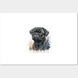 Black Pug Watercolour Style Painting Posters and Art